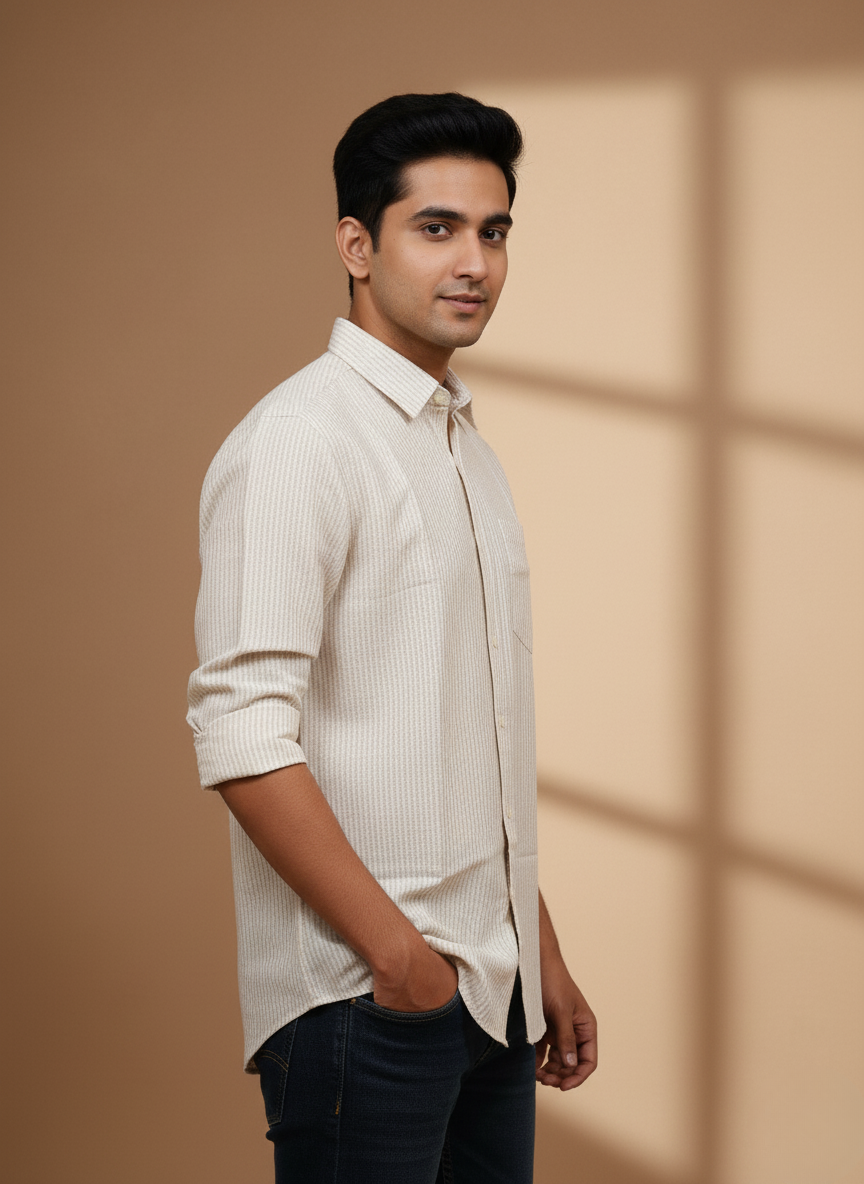 Kutur Men's Beige Pinstripe Cotton Shirt – Westside Manufacturer