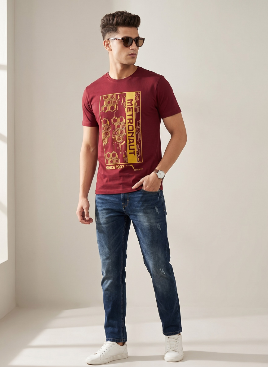 Metronaut Men's Maroon Graphic Print T-Shirt - Honeycomb Design
