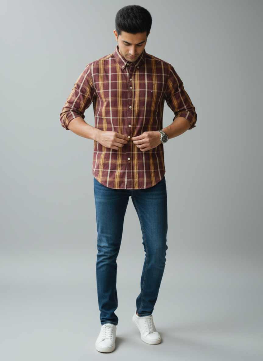 Tommy Hilfiger Men's  Checked Casual Shirt (Maroon & Yellow)