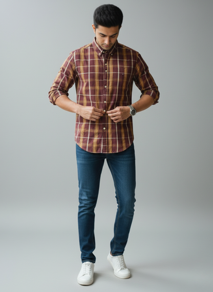 Tommy Hilfiger Men's  Checked Casual Shirt (Maroon & Yellow)
