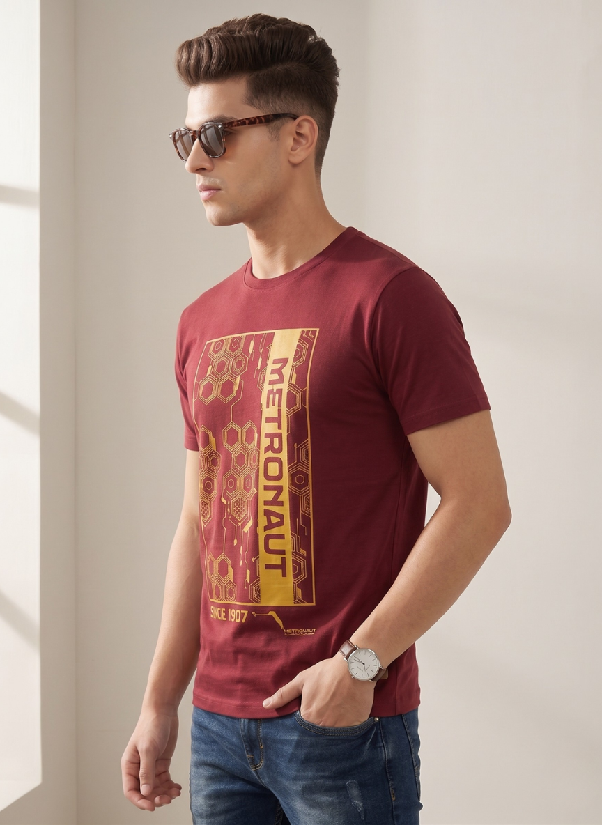 Metronaut Men's Maroon Graphic Print T-Shirt - Honeycomb Design