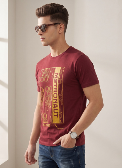 Metronaut Men's Maroon Graphic Print T-Shirt - Honeycomb Design