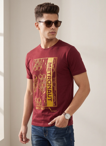 Metronaut Men's Maroon Graphic Print T-Shirt - Honeycomb Design