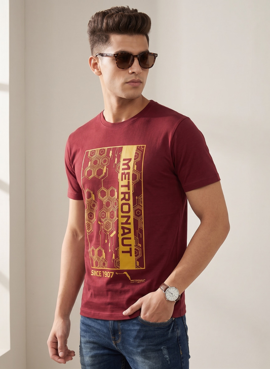 Metronaut Men's Maroon Graphic Print T-Shirt - Honeycomb Design