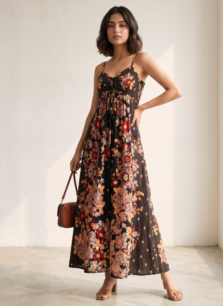 Women's Sleeveless Floral Long Dress with Mixed Pattern Print
