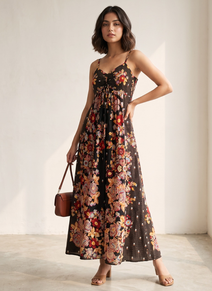 Women's Sleeveless Floral Long Dress with Mixed Pattern Print
