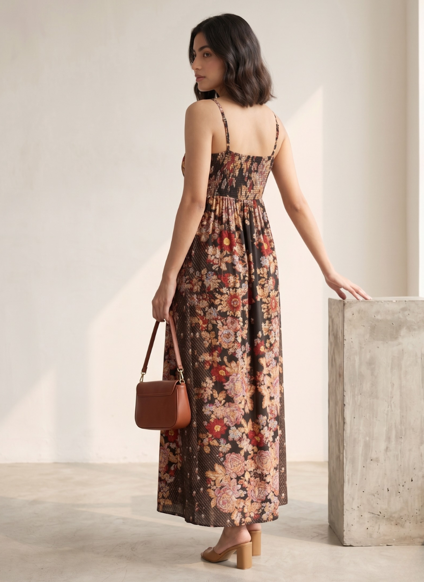 Women's Sleeveless Floral Long Dress with Mixed Pattern Print
