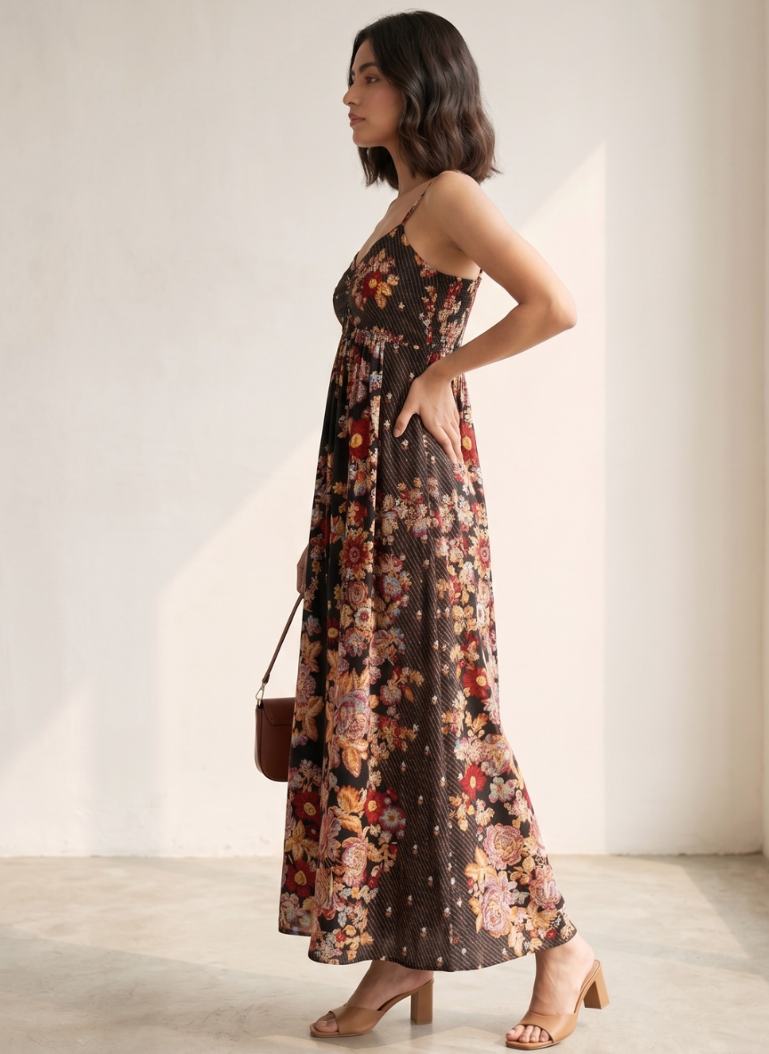 Women's Sleeveless Floral Long Dress with Mixed Pattern Print