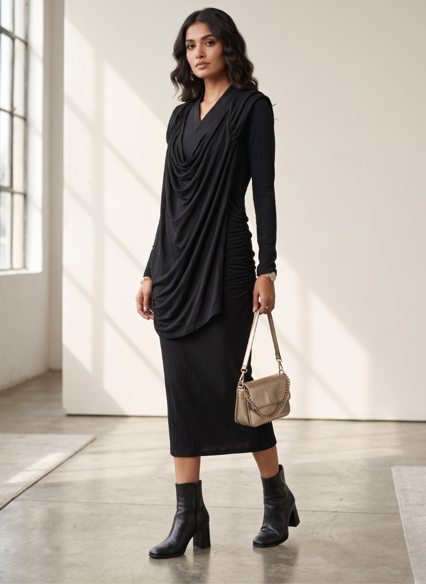 StyleCast Black Long Sleeve Ruched Dress with Draped Overlay