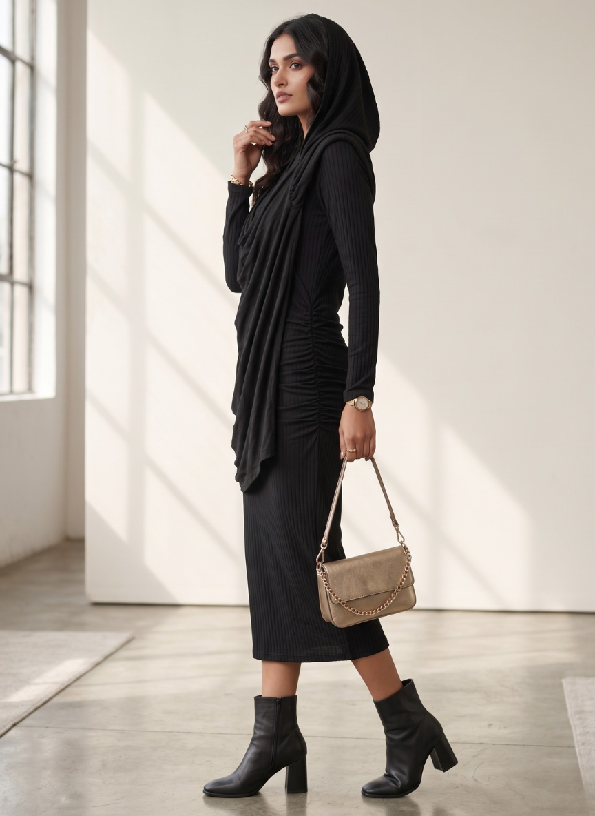 StyleCast Black Long Sleeve Ruched Dress with Draped Overlay