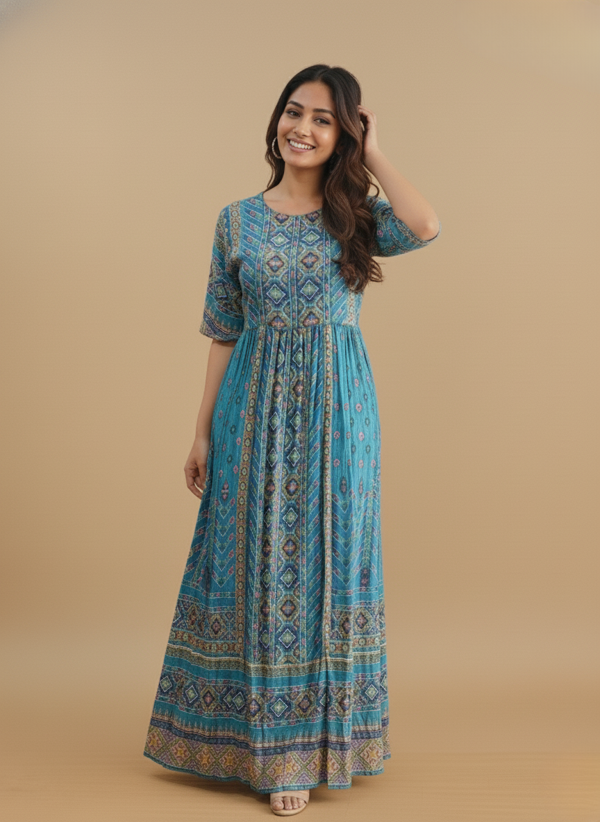 Label by Ritu Kumar Teal Kutch Print Long Dress