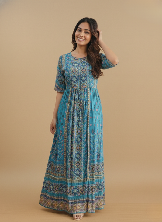 Label by Ritu Kumar Teal Kutch Print Long Dress