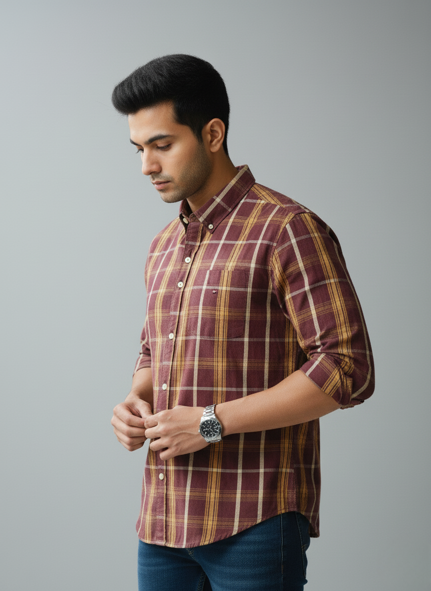 Tommy Hilfiger Men's  Checked Casual Shirt (Maroon & Yellow)