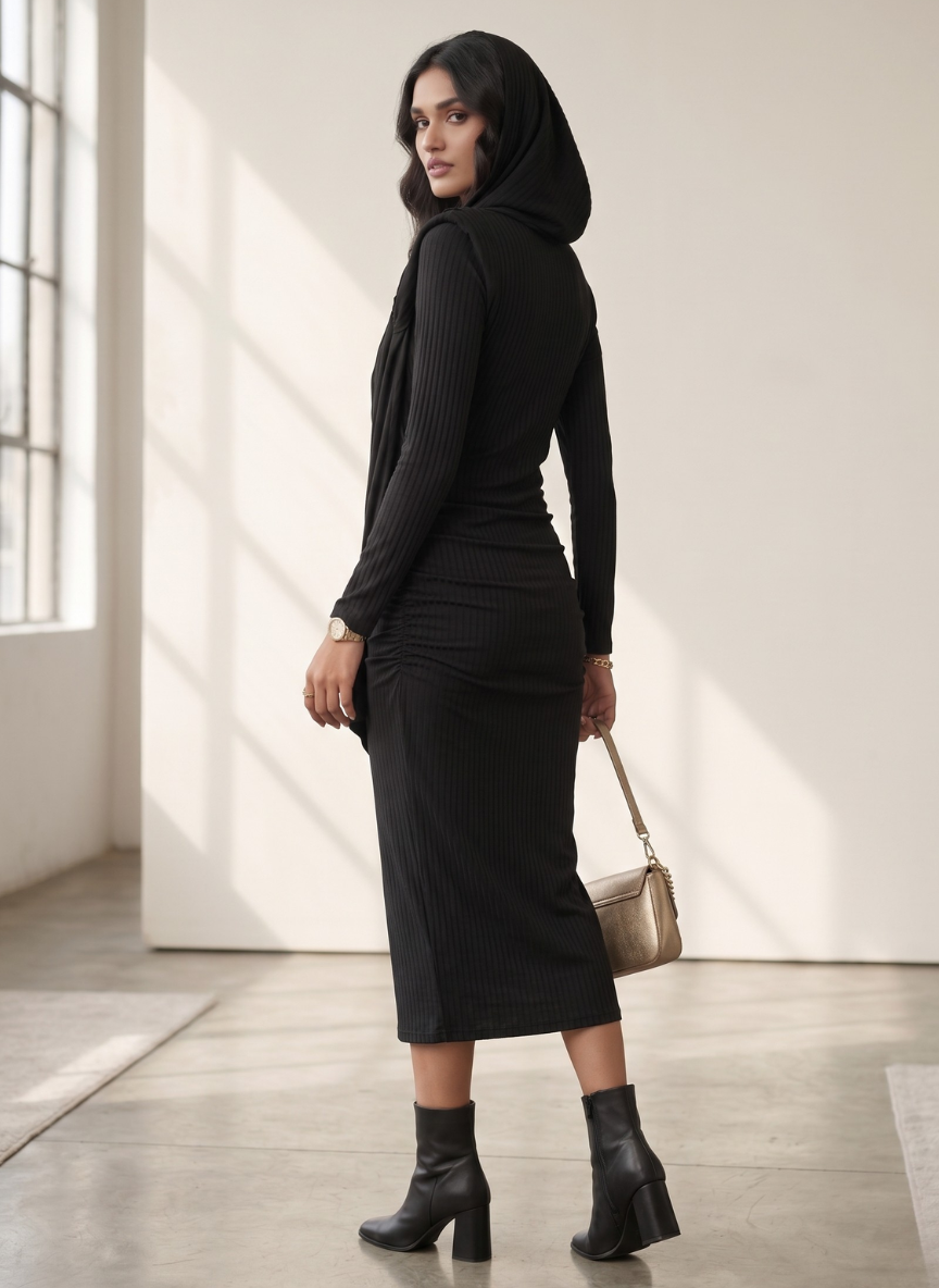 StyleCast Black Long Sleeve Ruched Dress with Draped Overlay