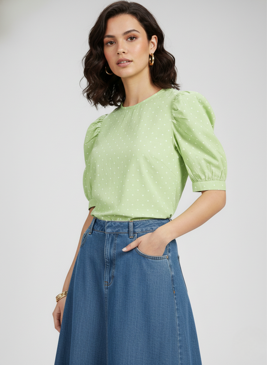 Levi’s Women’s Green Polka Dot Puff Sleeve Top | Stylish Casual Short Sleeve Blouse