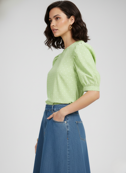 Levi’s Women’s Green Polka Dot Puff Sleeve Top | Stylish Casual Short Sleeve Blouse