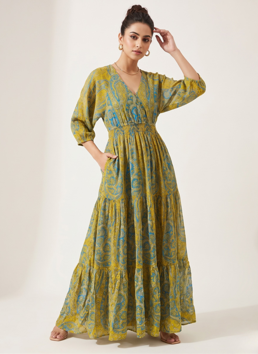 Bohemian Maxi Dress for Women Mustard Paisley Print Long Dress