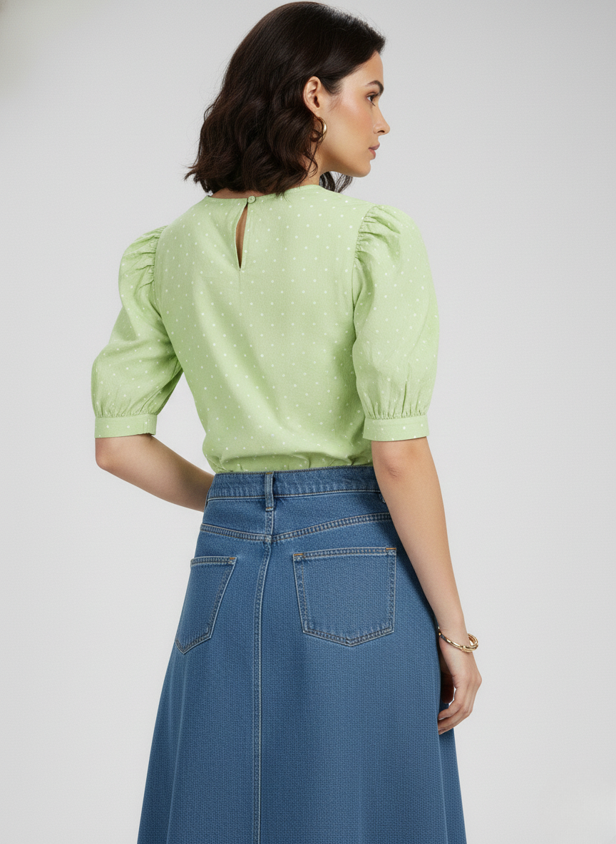 Levi’s Women’s Green Polka Dot Puff Sleeve Top | Stylish Casual Short Sleeve Blouse