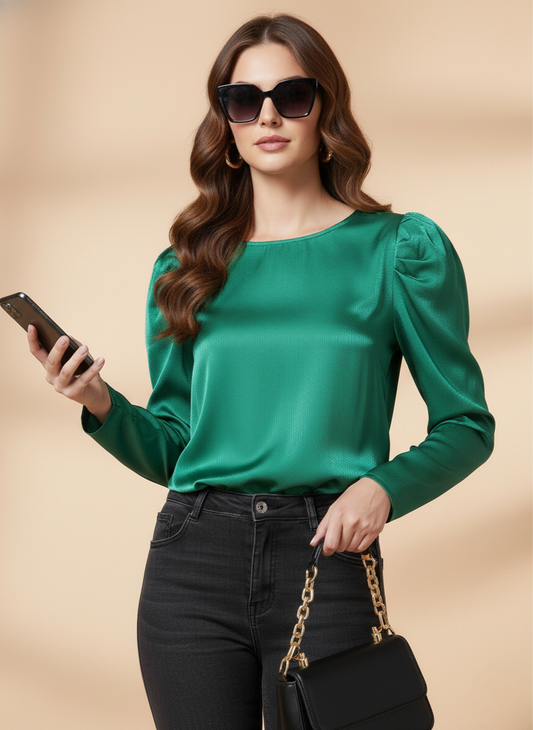 Levi’s Women’s Green Satin Puff Sleeve Top | Elegant Long Sleeve Shimmer Blouse