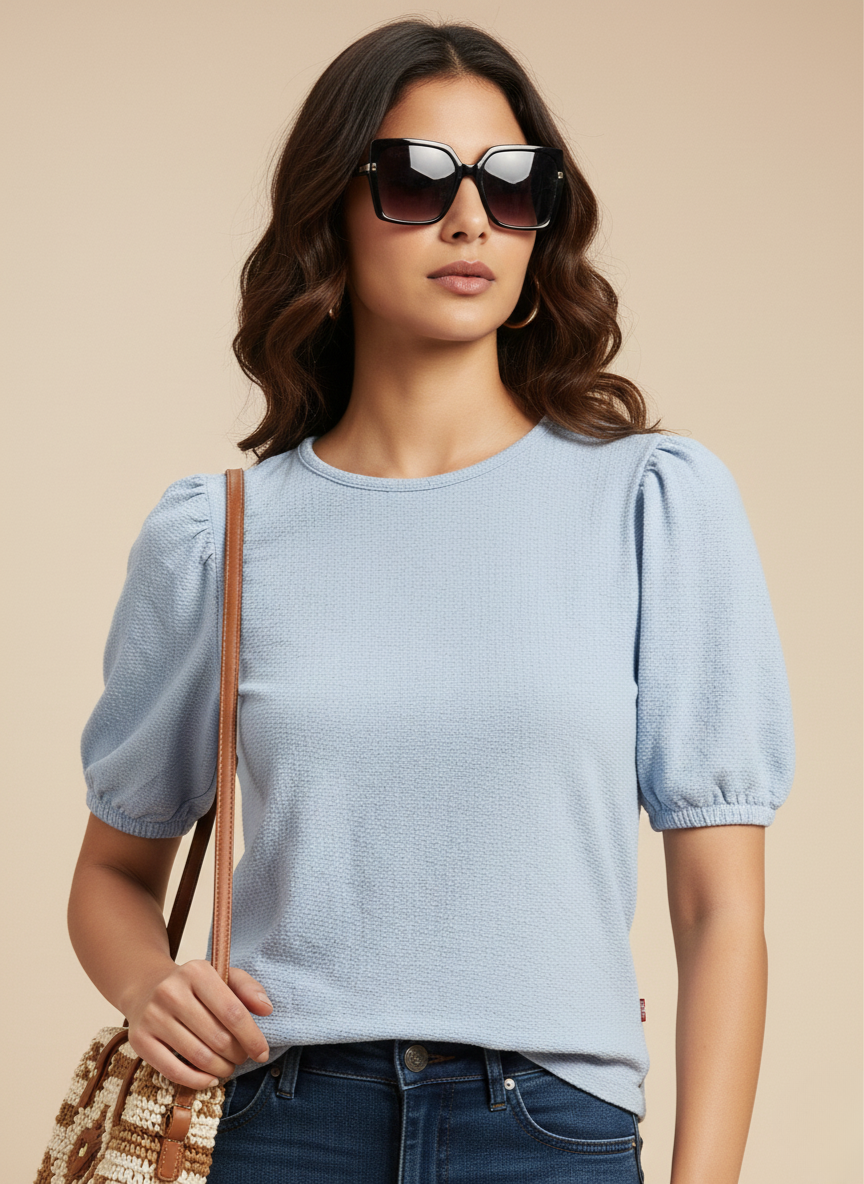 Levi’s Women’s Light Blue Textured Puff Sleeve Top | Casual Stylish Short Sleeve Blouse