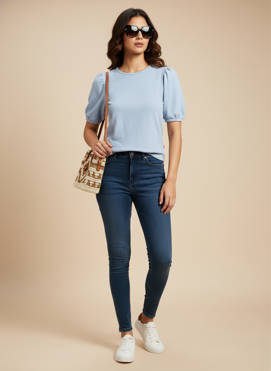 Levi’s Women’s Light Blue Textured Puff Sleeve Top | Casual Stylish Short Sleeve Blouse