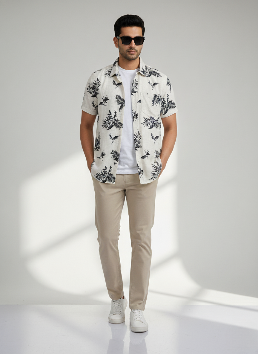 H&M Tropical Leaf Print Shirt (WHITE)