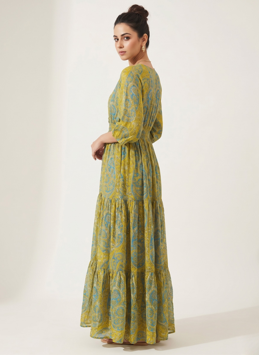 Bohemian Maxi Dress for Women Mustard Paisley Print Long Dress