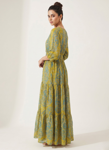 Bohemian Maxi Dress for Women Mustard Paisley Print Long Dress