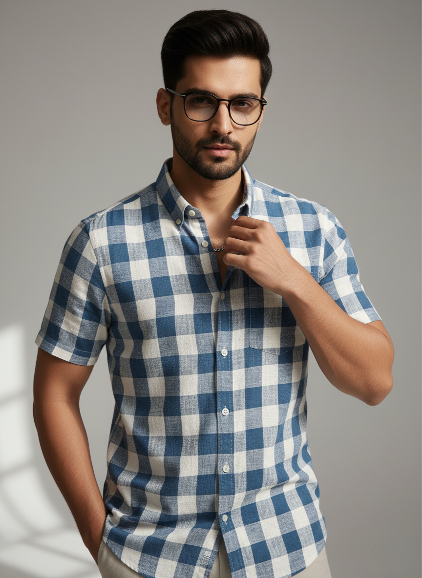 H&M Men’s Checkered Short Sleeve Cotton Shirt (Blue & White)