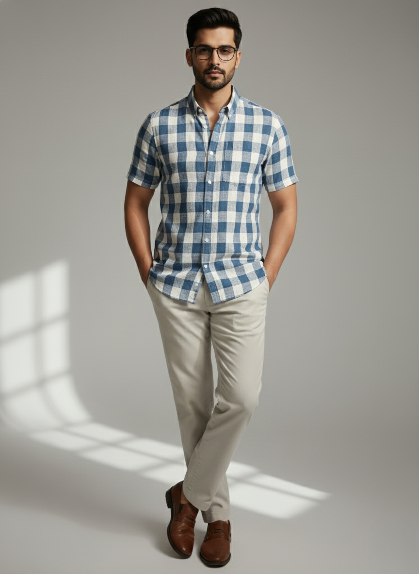 H&M Men’s Checkered Short Sleeve Cotton Shirt (Blue & White)