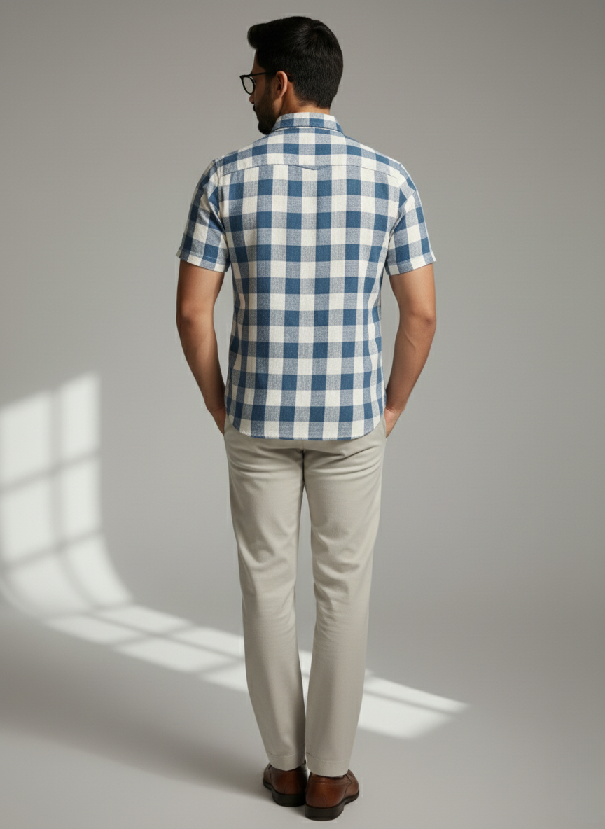 H&M Men’s Checkered Short Sleeve Cotton Shirt (Blue & White)
