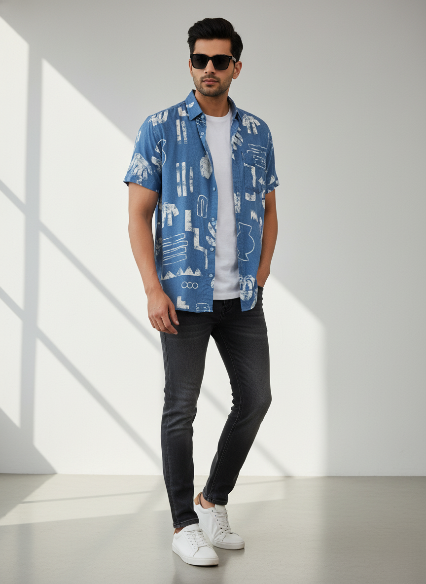 H&M Men’s Abstract Print Half Sleeve Shirt (BLUE)