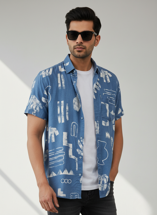 H&M Men’s Abstract Print Half Sleeve Shirt (BLUE)