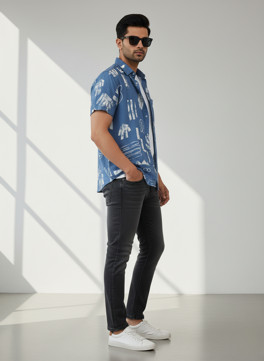 H&M Men’s Abstract Print Half Sleeve Shirt (BLUE)