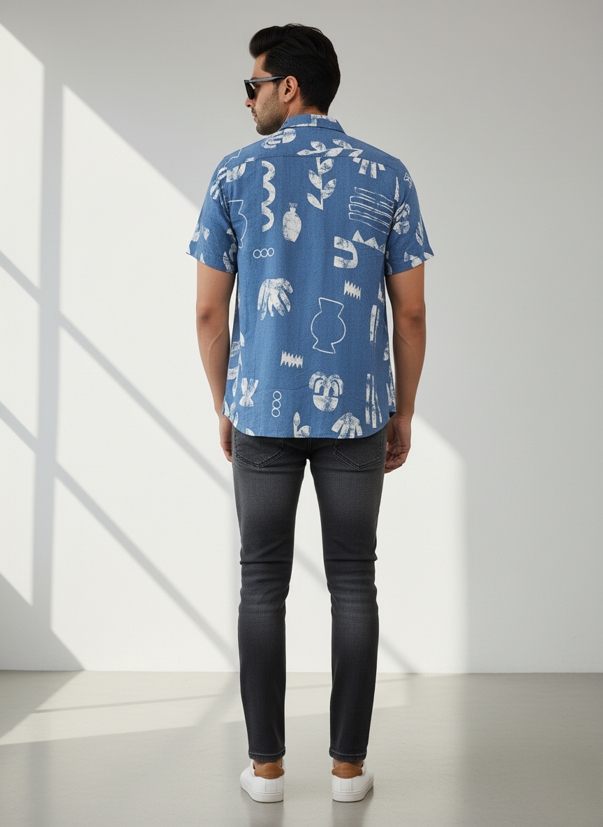 H&M Men’s Abstract Print Half Sleeve Shirt (BLUE)