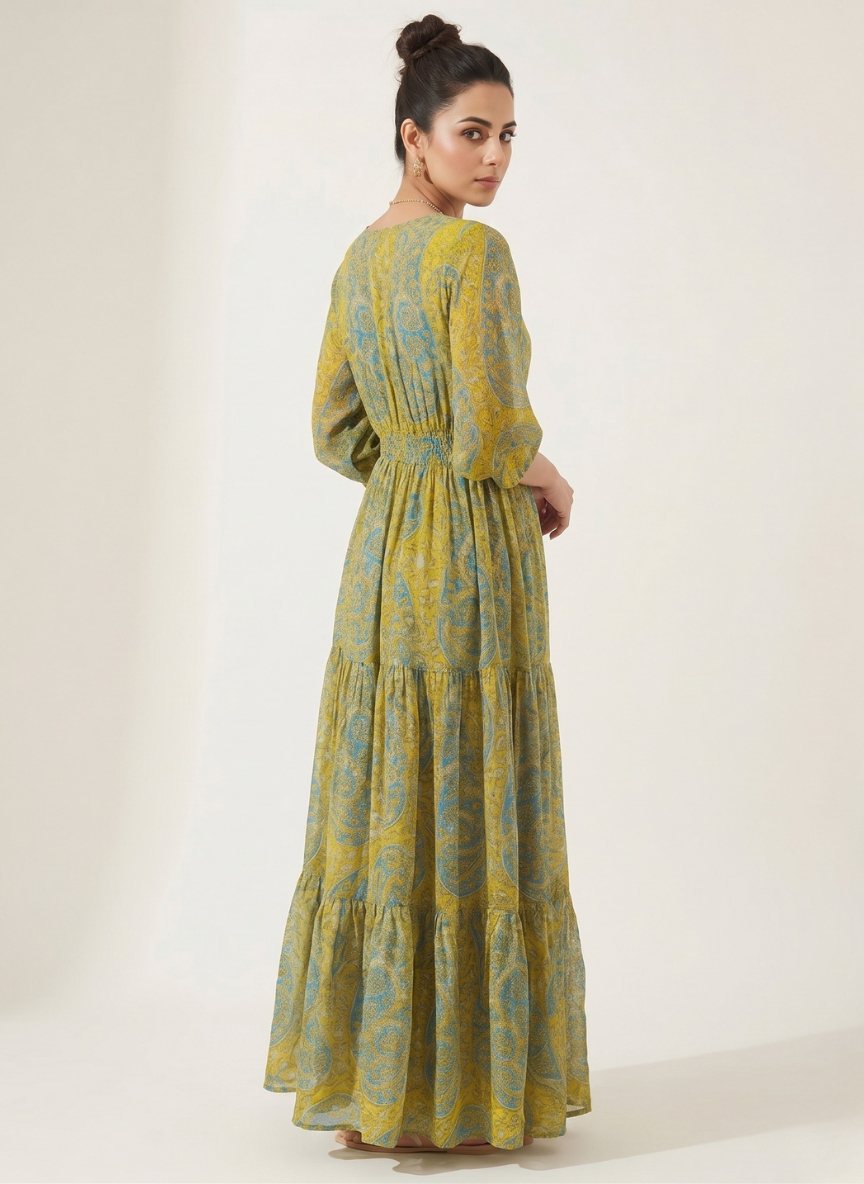 Bohemian Maxi Dress for Women Mustard Paisley Print Long Dress
