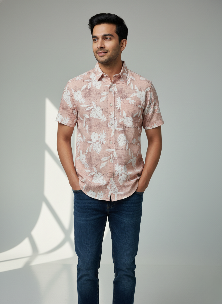 H&M Men's Printed Half sleeve Shirt (Pastel Pink)