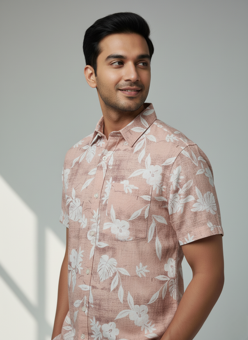 H&M Men's Printed Half sleeve Shirt (Pastel Pink)