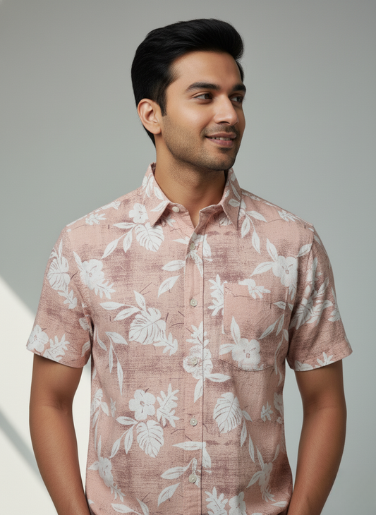 H&M Men's Printed Half sleeve Shirt (Pastel Pink)