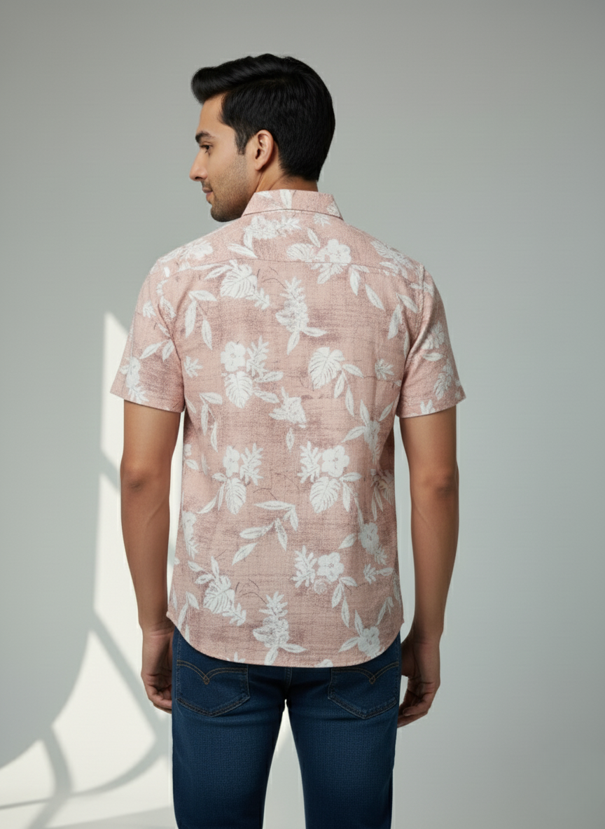 H&M Men's Printed Half sleeve Shirt (Pastel Pink)