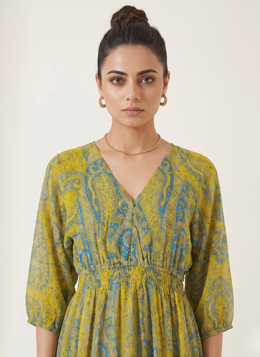 Bohemian Maxi Dress for Women Mustard Paisley Print Long Dress