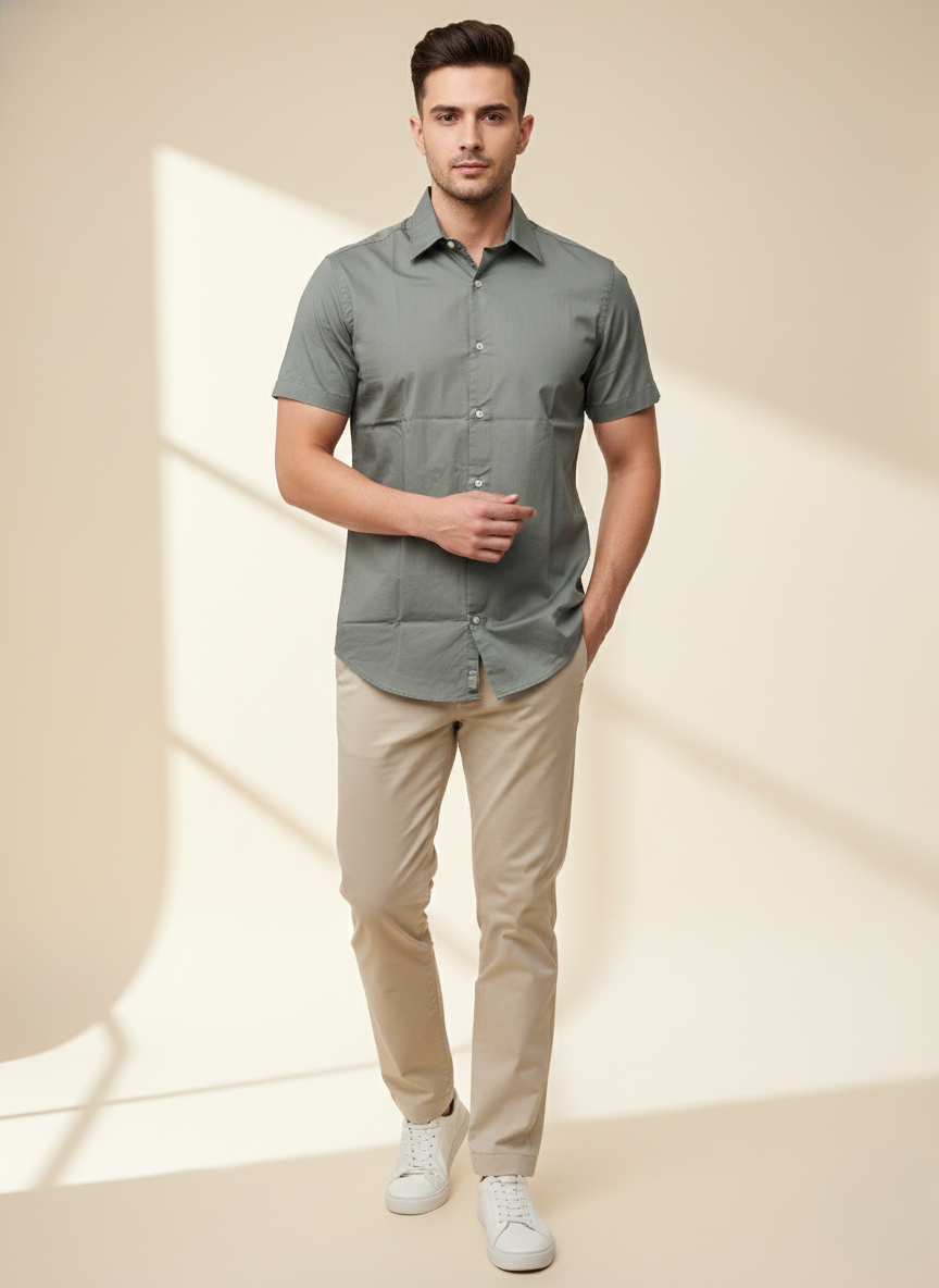 Rare Rabbit Men’s Olive Green Slim Fit Half Sleeve Shirt