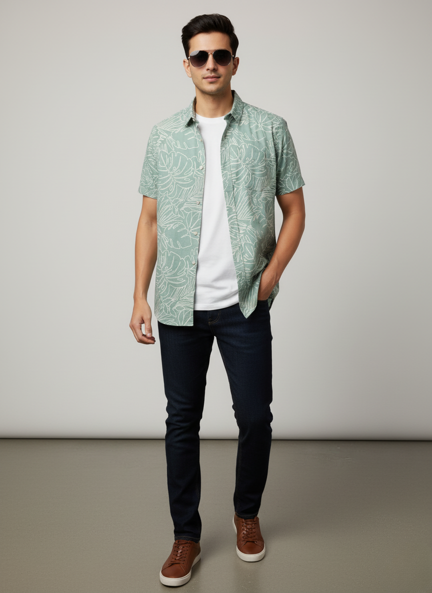H&M Men's Printed Half sleeve Shirt (Green)