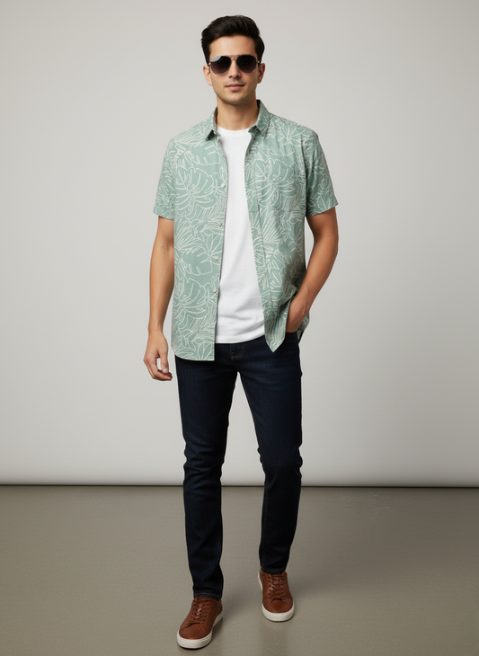 H&M Men's Printed Half sleeve Shirt (Green)