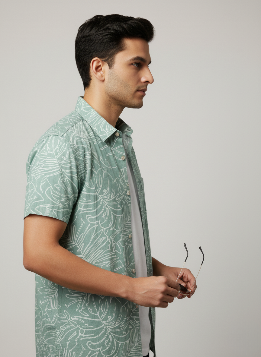 H&M Men's Printed Half sleeve Shirt (Green)