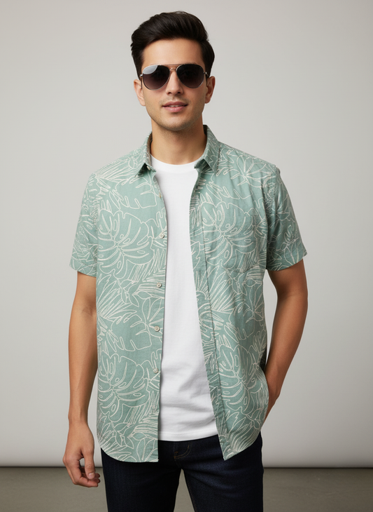 H&M Men's Printed Half sleeve Shirt (Green)