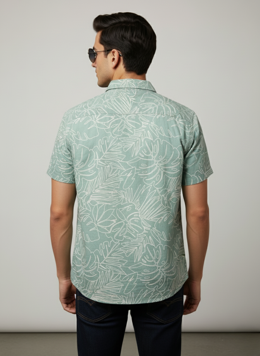 H&M Men's Printed Half sleeve Shirt (Green)