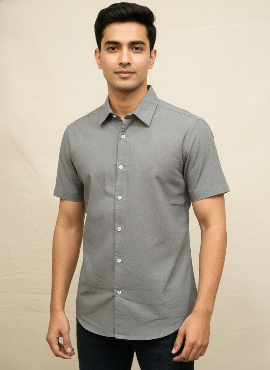 Rare Rabbit Men’s Charcoal Grey Slim Fit Half Sleeve Shirt