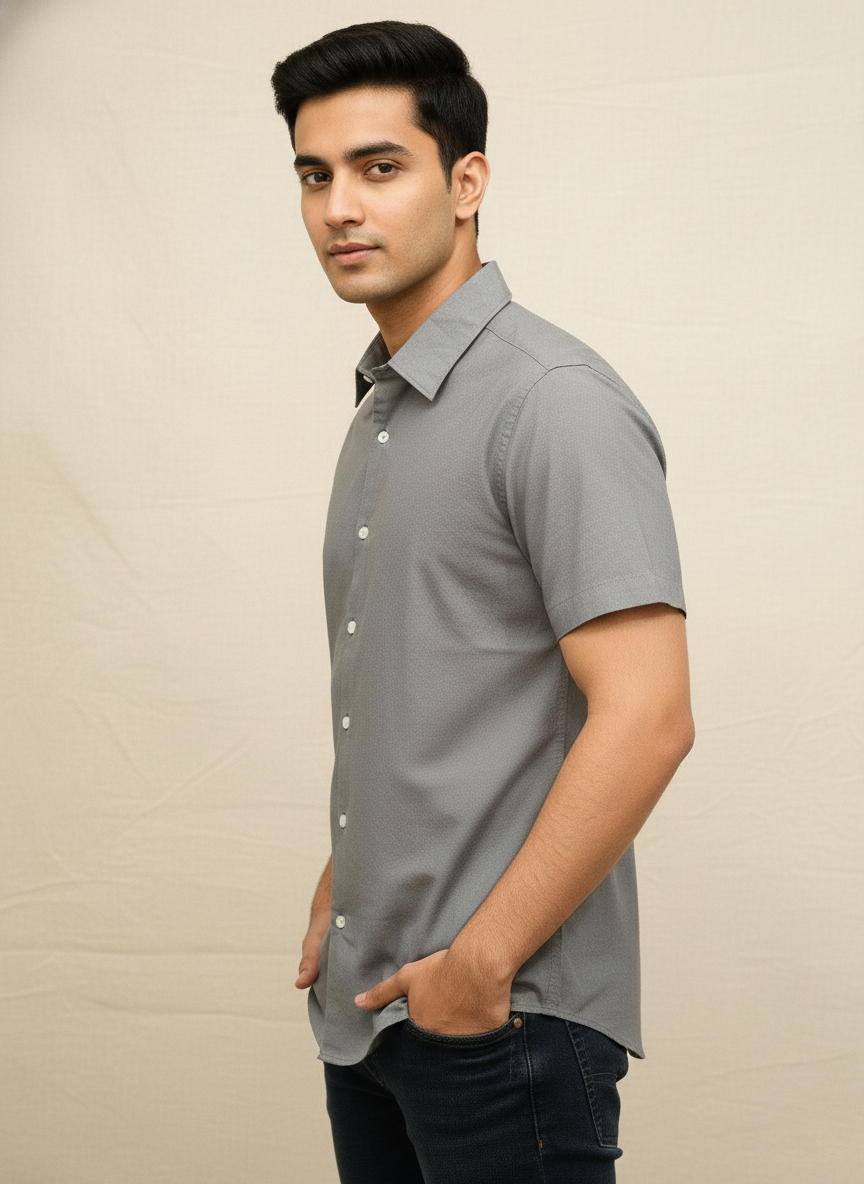 Rare Rabbit Men’s Charcoal Grey Slim Fit Half Sleeve Shirt