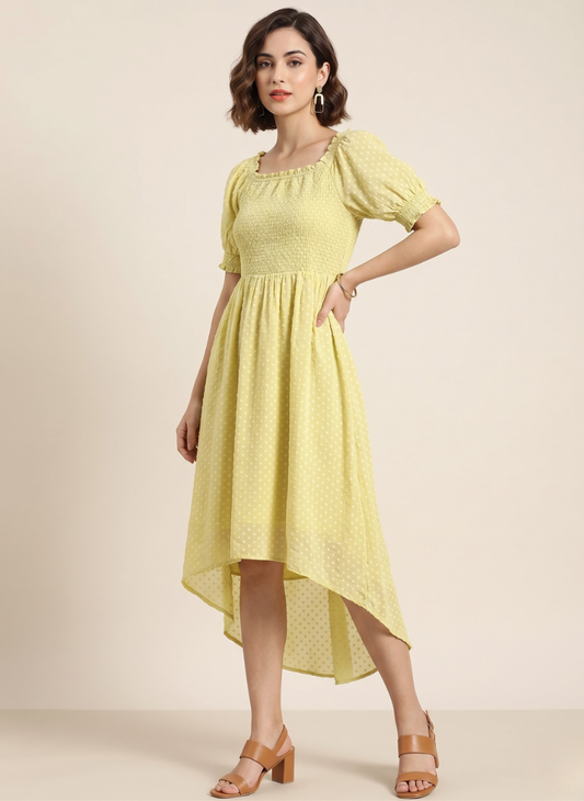 Women's Lemon Yellow Swiss Dot Smocked High-Low Maxi Dress - Luna Print